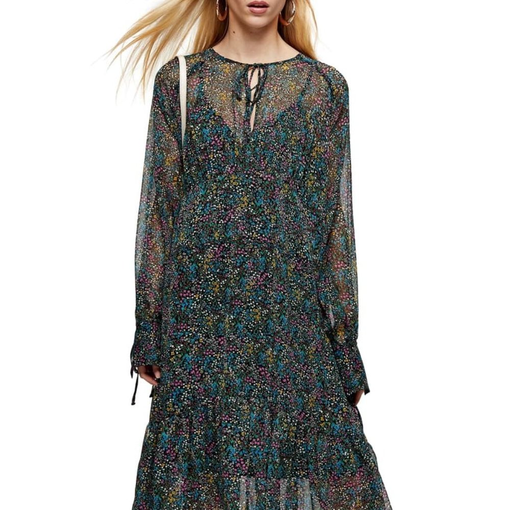NEW TOPSHOP Ditsy Floral Chiffon Long Sleeve DRESS